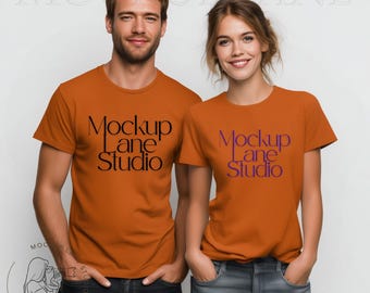 Mockup oranje Gildan 5000-T-shirt: bewerkbaar in canva (digitale download JPEG-afbeelding)