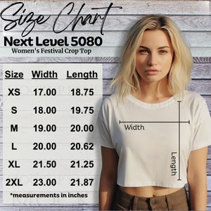 Next Level 5080 Maattabel, NL5080 Crop Top Maattabel, Dames Crop Top Maatvoering, Next Level Mock Up, Next Level Crop Top Maten Lijst Foto