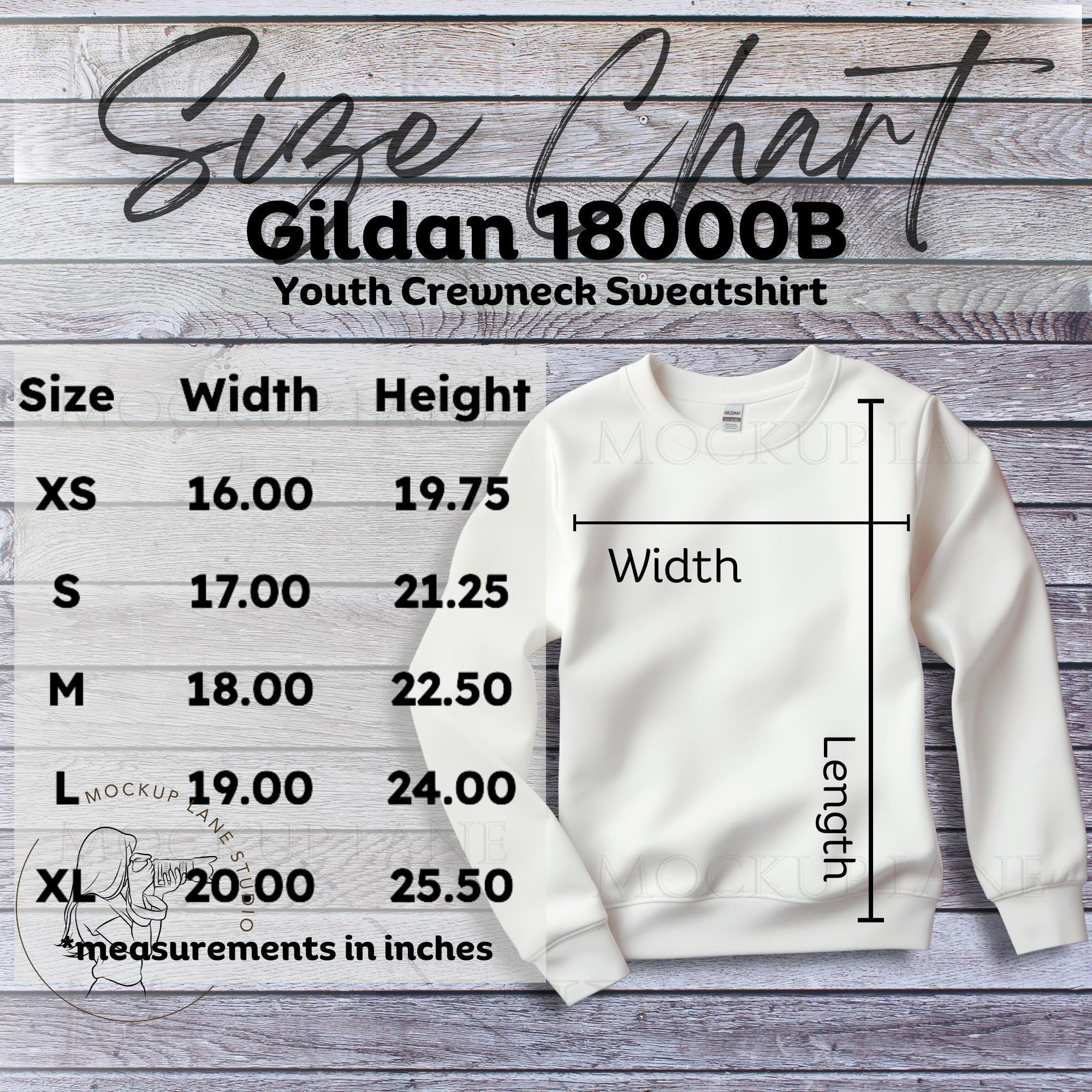 Gildan 18000B Size Chart Mockup, Gildan Youth Sweatshirt Size Guide