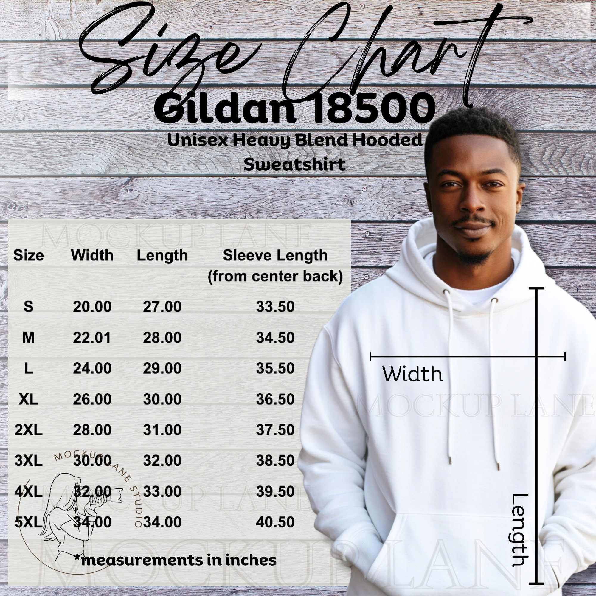 Gildan 18500 Size Chart Mockup, Gildan Hoodie Size Chart, Male Size