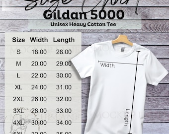 Maqueta de la tabla de tallas de Gildan 5000, guía de tallas de camisetas Gildan, tabla de tallas de camisetas Gildan, guía de tallas G5000, tabla de tallas de camisetas unisex Gildan JPEG