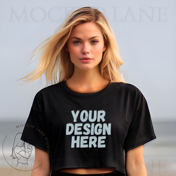 Next Level 5080 Mockup, NL5080 Black Crop Top, Ladies Black Crop Top Mockup, Next Level Mock Up, Next Level Crop Top Beach Mock, Canva Mock