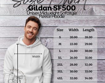Gildan SF500-maattabel mock-up, gids fleece hooded sweater, echt mannelijk model meettabel, bundellijst canva-kaart