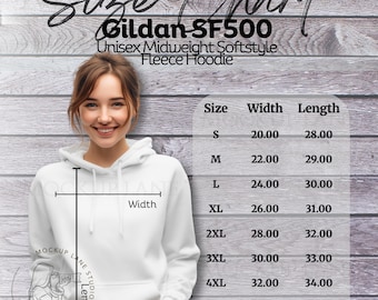 Gildan SF500 maattabel damesmodel, gids fleece hooded sweater, echt vrouwelijk model metingstabel, canvas bundellijst