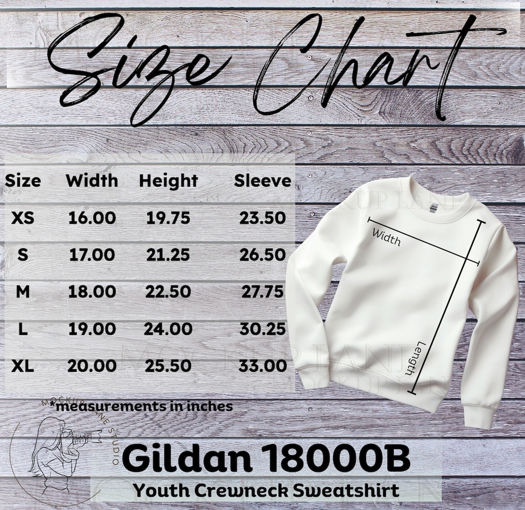 Gildan 18000B Size Chart Mockup, Gildan Youth Sweatshirt Size Guide
