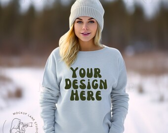 Gildan 18000 Ash Grey Sweatshirt Mockup, Ash Sweatshirt Model Mock up, G18000 Mockup, Canva Mock up, Female Sweatshirt Model Mockup, JPEG
