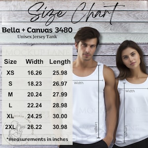 Bella + Canvas 3480 Size Chart, BellaCanvas Tank Top Size Chart, Bella Canvas Couples Sizing, Model Mockup 3480, JPEG Size Chart BC3480