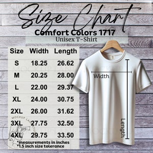 Comfort Colors® 1717 Size Chart Mockup, Comfort Colors T-Shirt Size Chart,  Basic Unisex Sizing Chart, Flat Lay Mockup, Hanging shirt Mockup