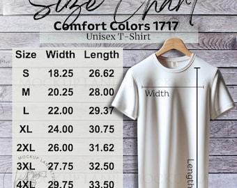 Comfort Colors® 1717 Tabella delle taglie Mockup, Tabella delle taglie delle t-shirt Comfort Colors, Tabella delle taglie unisex di base, Mockup piatto, Mockup di camicia appesa