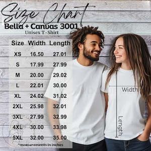 Bella + Canvas 3001 Size Chart, BellaCanvas T-Shirt Size Chart, Bella Canvas Couples Sizing Chart, Model Mockup 3001, POD Size Chart Image