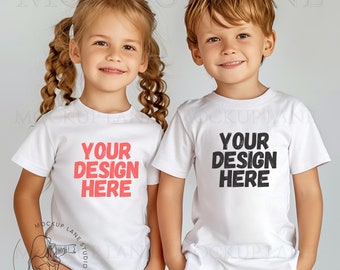 Gildan 5100P Mockup, White T-Shirt Toddler Mock up, Mother's Day Shirt Mockup, Boy Girl White T-shirt, Canva Editable, G5100P Sibling Mockup