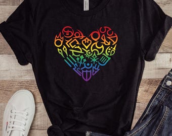 FFXIV Job Logo Heart Shape Pride LGBTQ+ Short Sleeve Tee, T-Shirt, Final Fantasy 14 Gamer Gift