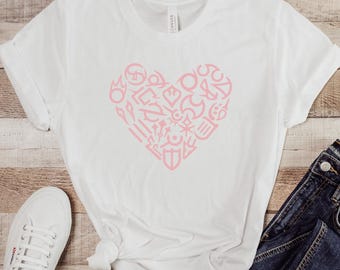 FFXIV Job Logo Pink Heart Shape Short Sleeve Tee, T-Shirt, Final Fantasy 14 Gamer Gift