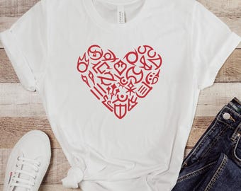 FFXIV Job Logo Red Heart Shape Short Sleeve Tee, T-Shirt, Final Fantasy 14 Gamer Gift