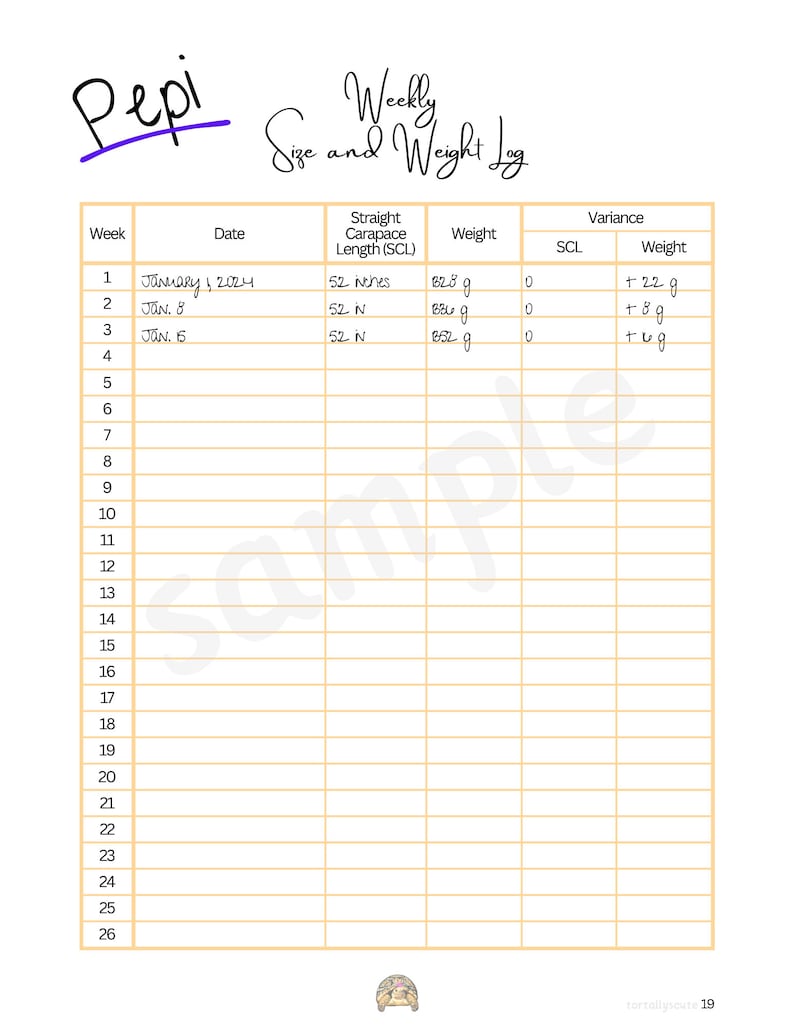 Pet's weekly size and weight log