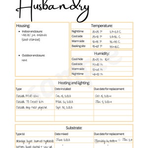 Pet husbandry sheet