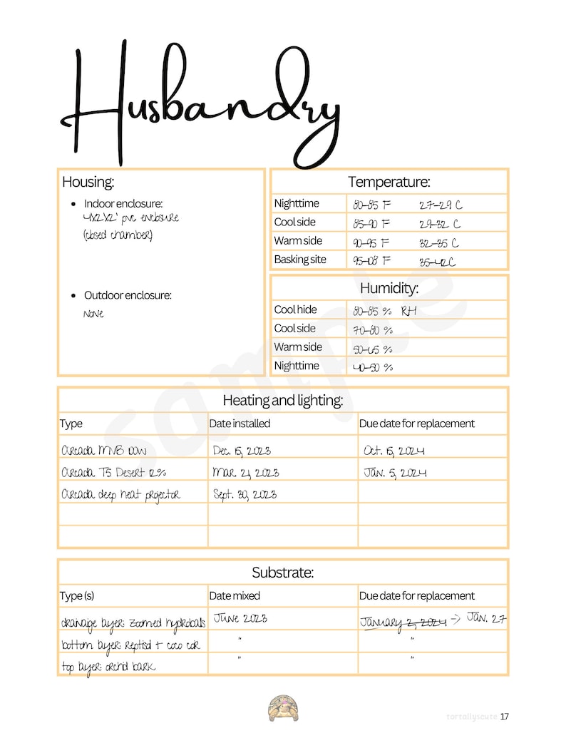 Pet husbandry sheet