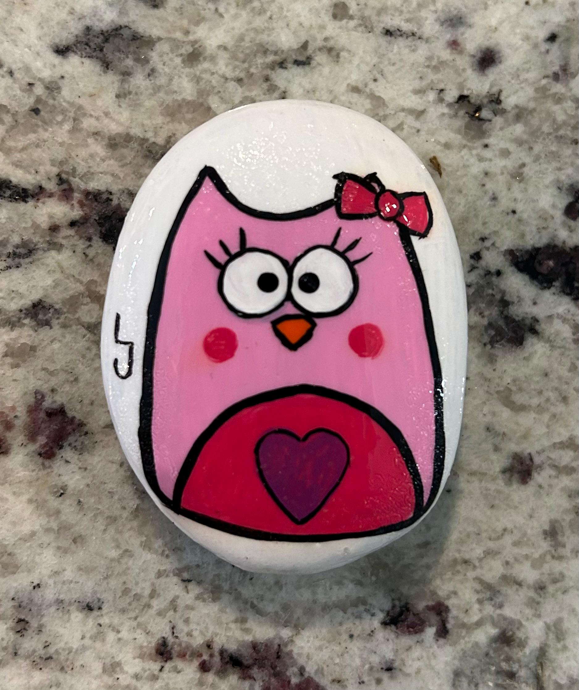 Pink Owl Hand-Painted Small Rock