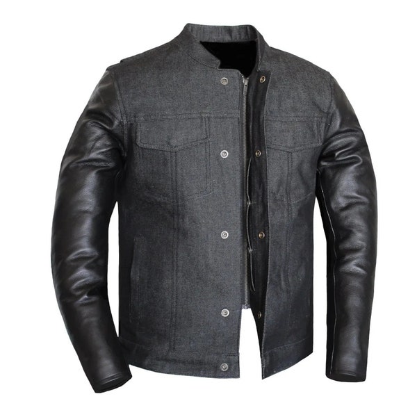 HANDMADE Men's Black Denim and Leather Motorcycle Collared Biker Style Concealed Carry Jacket