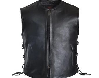 HANDMADE Side Lace Men Classic Black Leather Biker Motorcycle Concealed Carry Leather Vest
