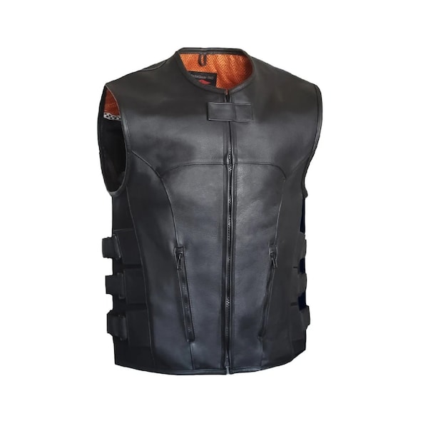 HANDMADE  Men's Tactical SWAT Style Leather And Velcro Vest, Biker Club Style Concealed Carry Motorcycle Leather Vest