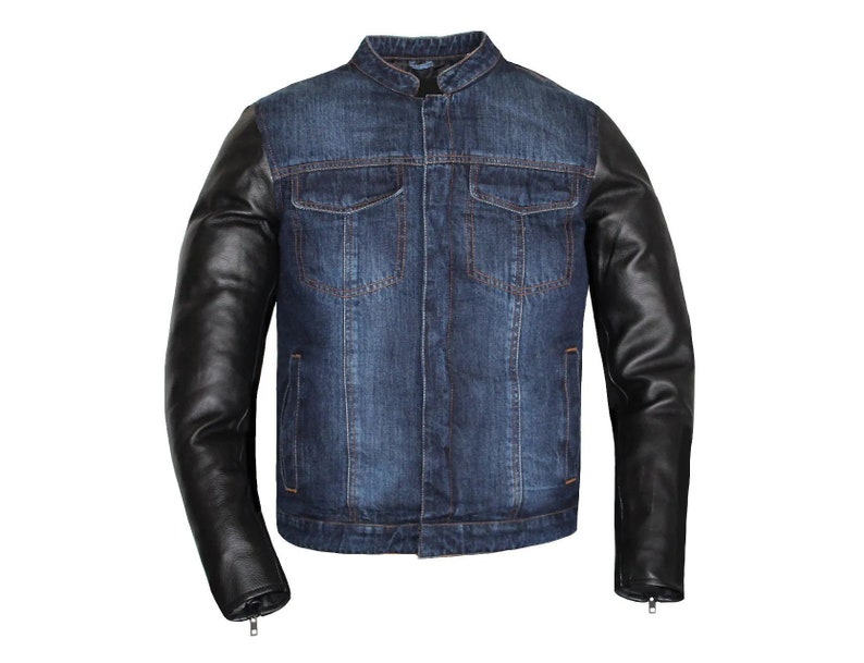 HANDMADE Men's Blue Denim and Leather Motorcycle Collared Biker Style Concealed Carry Jacket image 2