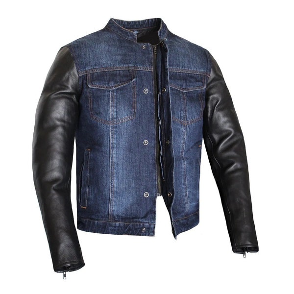 HANDGEFERTIGTE, verdeckte Tragejacke im Biker-Stil für Herren aus blauem Denim und Leder mit Motorradkragen