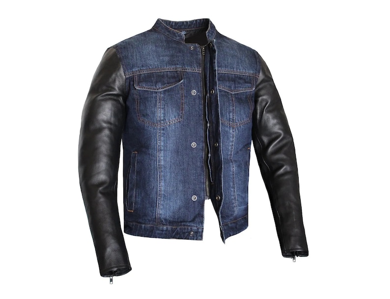 HANDMADE Men's Blue Denim and Leather Motorcycle Collared Biker Style Concealed Carry Jacket image 1