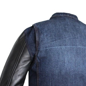 HANDMADE Men's Blue Denim and Leather Motorcycle Collared Biker Style Concealed Carry Jacket image 5