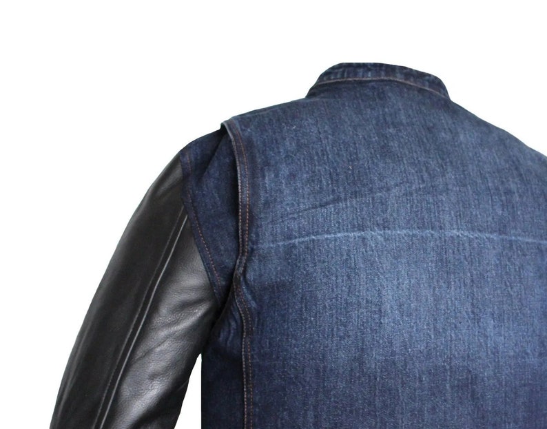 HANDMADE Men's Blue Denim and Leather Motorcycle Collared Biker Style Concealed Carry Jacket image 5