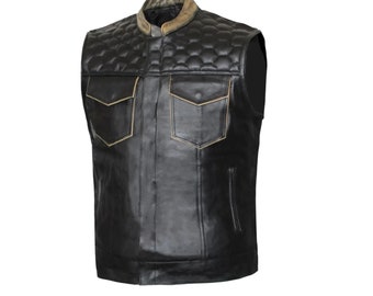 HANDMADE CUSTOMIZED Men's Quilted Distressed Brown Motorcycle Biker Concealed Carry Leather Vest