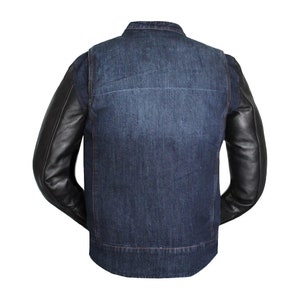 HANDMADE Men's Blue Denim and Leather Motorcycle Collared Biker Style Concealed Carry Jacket image 3