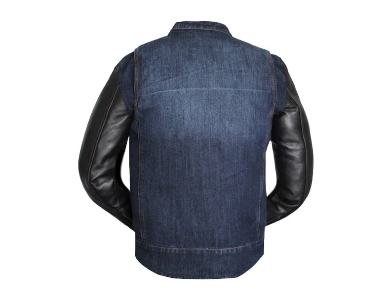 HANDMADE Men's Blue Denim and Leather Motorcycle Collared Biker Style Concealed Carry Jacket image 3