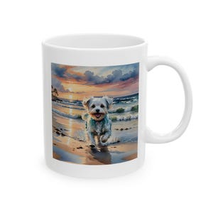Cute Maltese Dog Running Down the Beach - Mug 11 oz