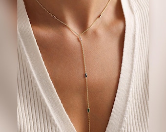 Colar longo em prata de lei 925, colar com corrente de estalactite, colar feminino, colar com pedra baguete, presentes de aniversário, em promoção.