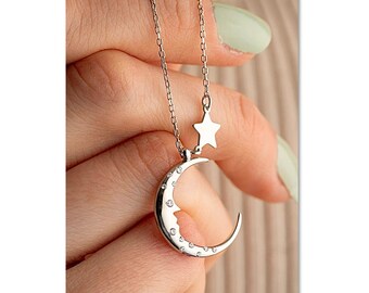 925 Sterling Silver Moon Necklace, Crescent Necklace with Star Detail, Moon Pendant, Necklace for Women, Gift for Her, Anniversary Gift