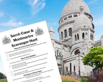 May include: A scavenger hunt checklist for exploring the Sacré-Cœur Basilica and Montmartre in Paris, France. The checklist includes tasks like finding a street artist creating a painting, counting the steps to the basilica, and spotting a gargoyle on the roof.