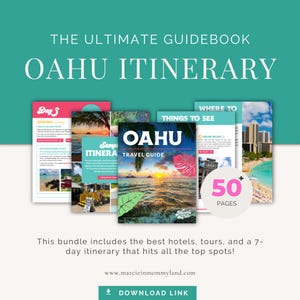 May include: A bundle of Oahu travel guides with the title "Oahu Itinerary." The cover features a sunset over the ocean, a tropical leaf, and the text "Oahu Travel Guide." The bundle includes over 50 pages of information.