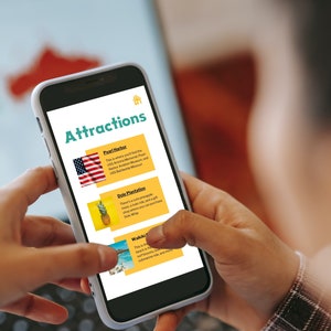 May include: A smartphone displaying a list of attractions, including Pearl Harbor, Dole Plantation, and Waikiki Beach. The list is titled "Attractions" and features a small house icon in the top right corner.