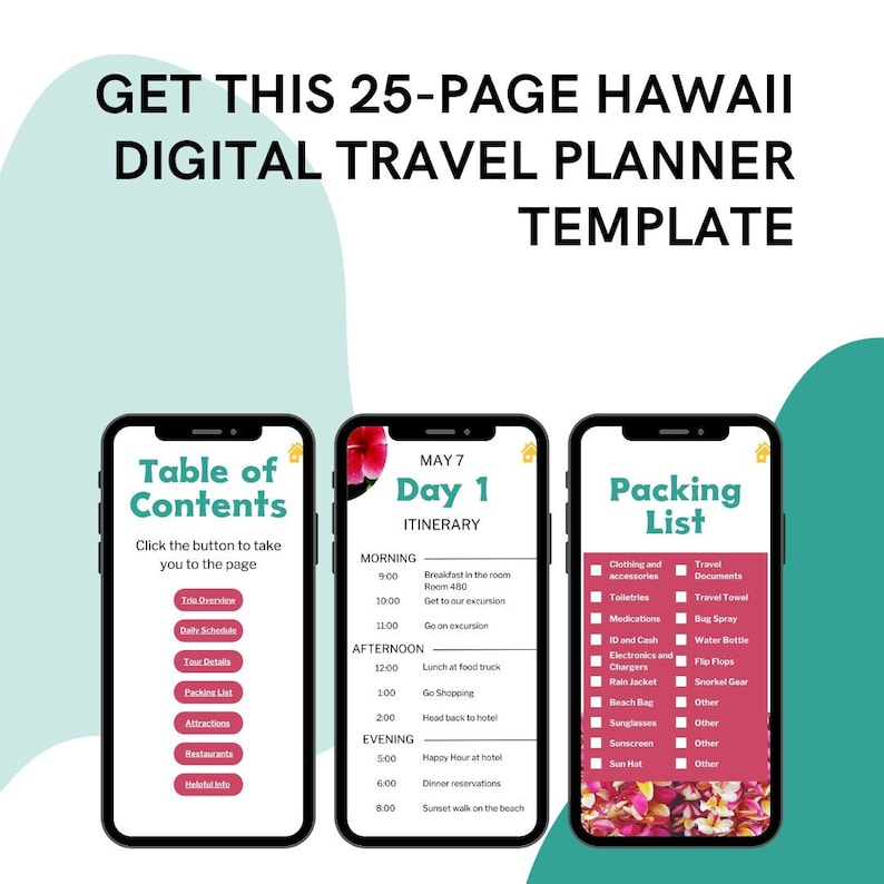 May include: A digital travel planner template for a trip to Hawaii. The template includes a table of contents, a daily itinerary, and a packing list. The template is designed to help travelers plan their trip and stay organized.
