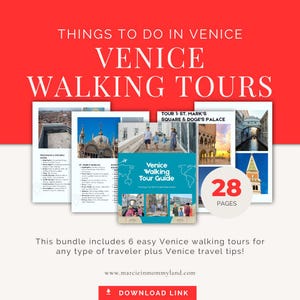 Puede incluir: Imagen promocional de recorridos a pie por Venecia. La imagen presenta una pancarta roja con texto blanco: "Things to do in Venice" y "Venice Walking Tours". Se muestran varias páginas y una guía, con el texto "28 páginas."