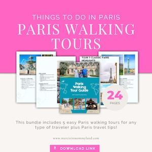 Peut inclure: Un ensemble de guides de visites à pied de Paris, avec le titre "Paris Walking Tours" en grand texte rose. Le guide comprend 24 pages et présente des images de monuments parisiens. Le texte indique "Things to do in Paris."