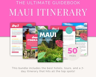 Planificador de vacaciones familiares en Maui: itinerario de 7 días + mapa interactivo + lista de equipaje / guía de viaje de Hawái imprimible en PDF