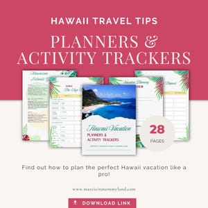 May include: A collection of Hawaii vacation planners and activity trackers. The cover of the central planner features a scenic beach view. The text reads "Hawaii Vacation Planners & Activity Trackers" and "28 Pages". The background is a gradient of pink and white.
