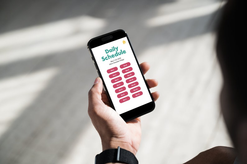 May include: A smartphone displaying a daily schedule app with the title "Daily Schedule" and the date "May 7, 2019". The app shows a list of activities with the text "Day 1", "Day 2", "Day 3", etc.