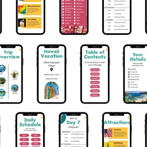 May include: A digital itinerary for a trip to Hawaii. The itinerary includes a trip overview, daily schedule, attractions, tour details, and a table of contents. The itinerary is designed to help travelers plan their trip and make the most of their time in Hawaii.