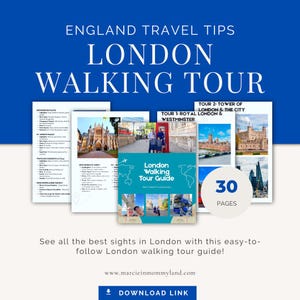 Puede incluir: Imagen promocional de una guía de Londres Walking Tour. La imagen tiene un fondo azul con el texto "England Travel Tips" y "London Walking Tour". Se muestran varias páginas de la guía, junto con el texto "30 Páginas".