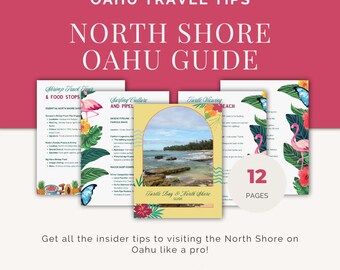May include: A digital guide titled "North Shore Oahu Guide" with the text "Oahu Travel Tips." The guide features colorful pages with information on shrimp truck tours, surfing culture, and turtle viewing. The guide has 12 pages and includes a download link.