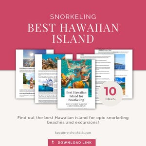 Könnte beinhalten: Werbebild für einen Schnorchelführer mit dem Titel "Best Hawaiian Island". Das Bild zeigt Fotos vom Schnorcheln und den Text "10 Seiten". Der Führer wirbt für epische Schnorchelstrände und Ausflüge. Enthält einen "Download-Link".