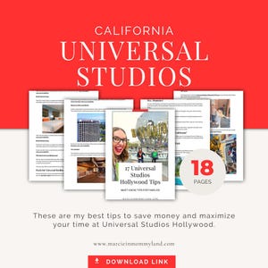Puede incluir: Imagen promocional con el texto "CALIFORNIA UNIVERSAL STUDIOS" en blanco sobre un fondo rojo. La imagen presenta varias páginas con fotos y texto sobre Universal Studios Hollywood, incluyendo "17 Universal Studios Hollywood Tips" y "18 PAGES".